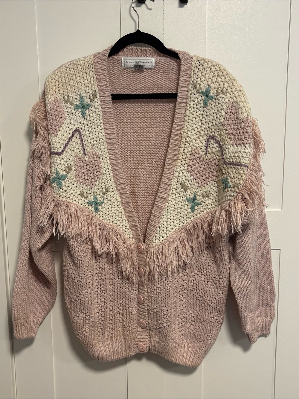 Vintage 80s/90s Maggie Lawrence Pink Knit Western Fringe Cardigan Sweater Sz L